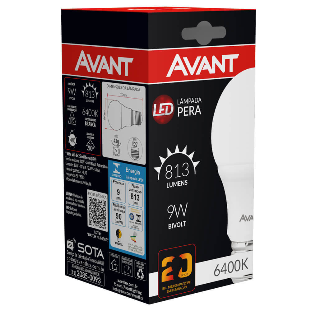 KIT 10 LAMPADA LED AVANT PERA BULBO 9W BIVOLT BRANCA 6500K