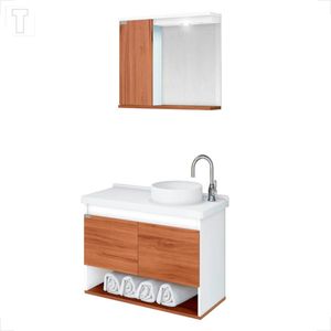 GABINETE PARA BANHEIRO RORATO KIT BERGAMO SUSPENSO NOGAL 83,5CM + ESPELHEIRA + PIA  578529