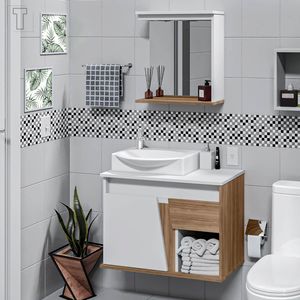 GABINETE PARA BANHEIRO RORATO KIT SICILIA SUSPENSO 1 GAVETA NOGAL 67,5CM + ESPELHEIRA + CUBA 578729