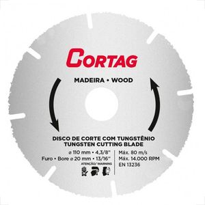 DISCO DE CORTE CORTAG PARA MADEIRA TUNGSTENIO 110MM FURO 20MM