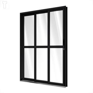 PORTA RIOBRAS ALUMINIO DE CORRER LATERAL COM TRAVESSA 2 FOLHAS MOVEIS 1FOLHA FIXA PRETA ESQUERDA 213X150X13 - PA156.1